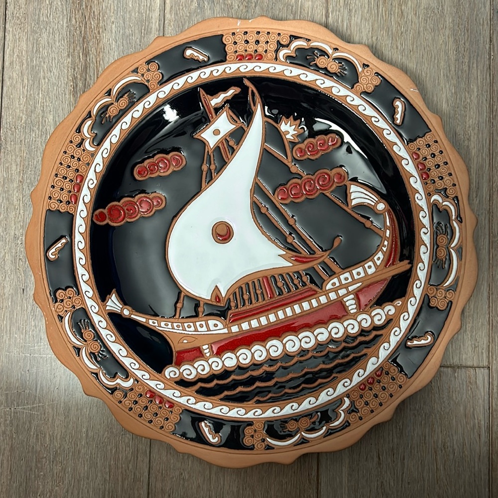 Bonis Rhodes Pottery Oar Ship Pottery Plate HandMade Rhodes Greece Vintage 12.5”